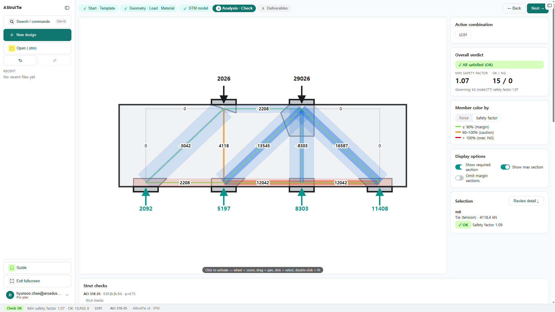 AStrutTie required and maximum section bands on the strut-tie model